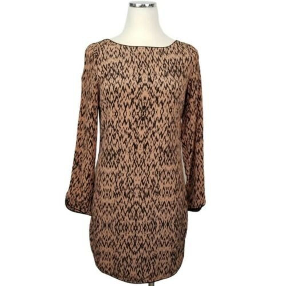Anthropologie Harlyn 100% Silk Shift Dress XS Brown Black Ikat Long Sleeve Mini